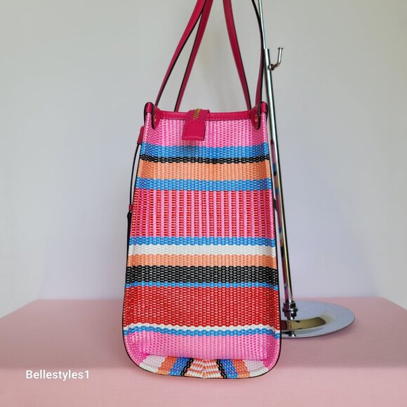 KATE SPADE Market Striped Woven Straw Medium Tote Bag-Wild Raspberry Multi⭐ - Picture 8 of 16